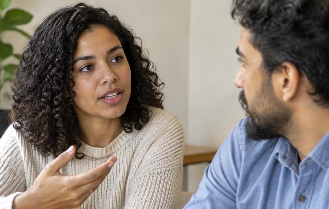 Duas pessoas sentadas de frente uma para a outra à mesa: uma fala, a outra registra por escrito